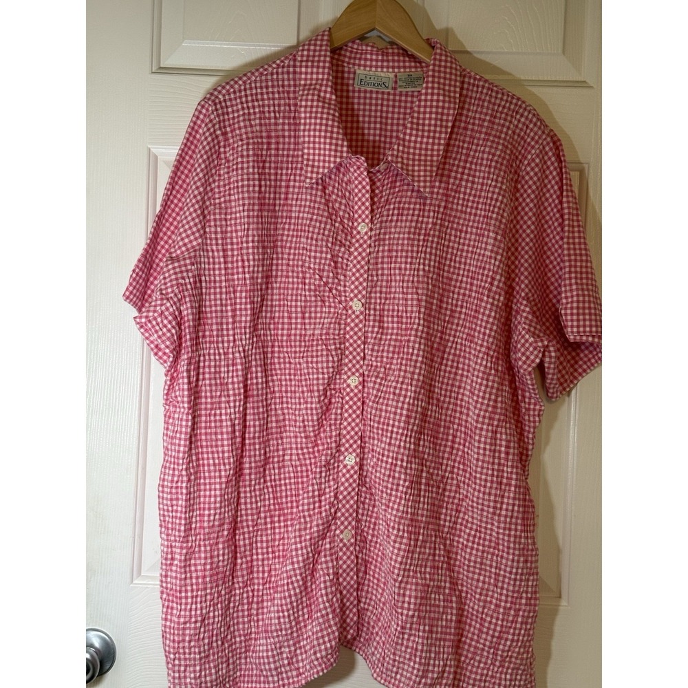 3X  Vintage Pink Gingham Plaid Button Up Top Basic Editions 100%‎ Cotton Casual